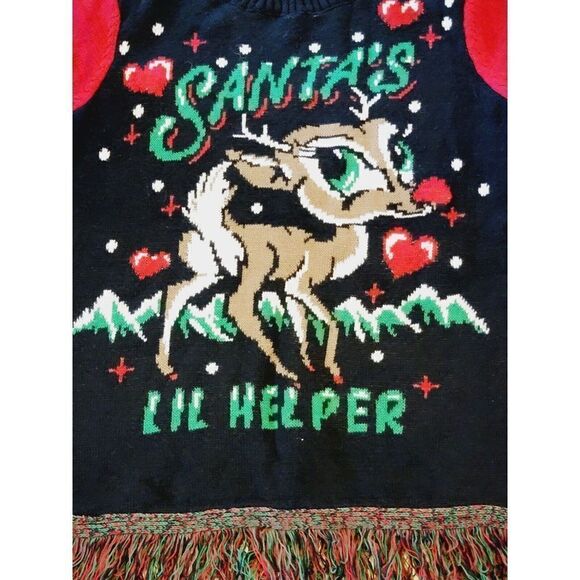 Ugly Christmas Sweater M Rudolph Santa's Little Helper Fringe Blk/Red - Picture 6 of 6